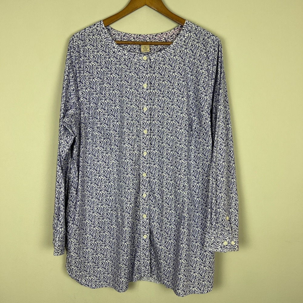 Duluth Tunic Top Womens XL Purple Floral Wrinklefighter Collarless Button Down